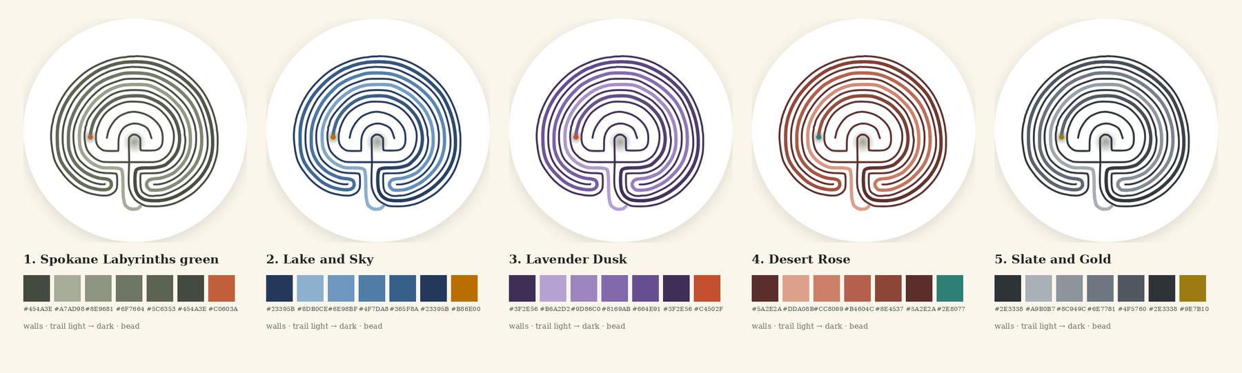 The same classical seven-circuit walk shown in five palettes: Spokane Labyrinths green, Lake and Sky, Lavender Dusk, Desert Rose, and Slate and Gold
